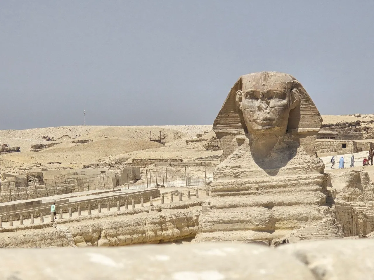 تمثال أبو الهول بالجيزة من جهة الشمال الشرقي، ويظهر في الإطار سياج الحوض وزوّار